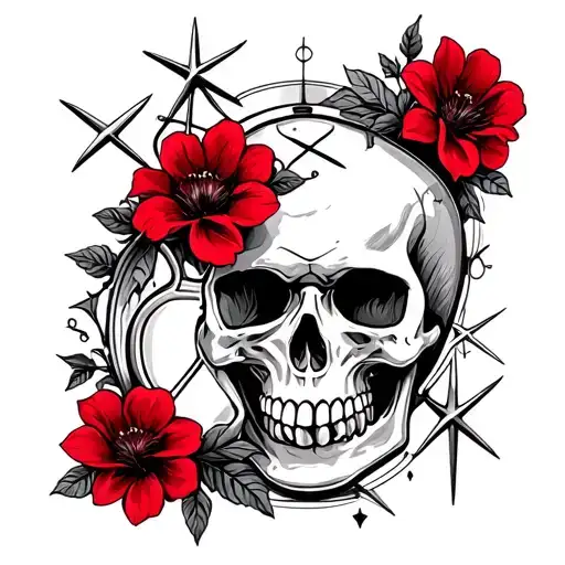 skull and red flowers intertwined with stars and hour glass representing life and death tattoo design idea