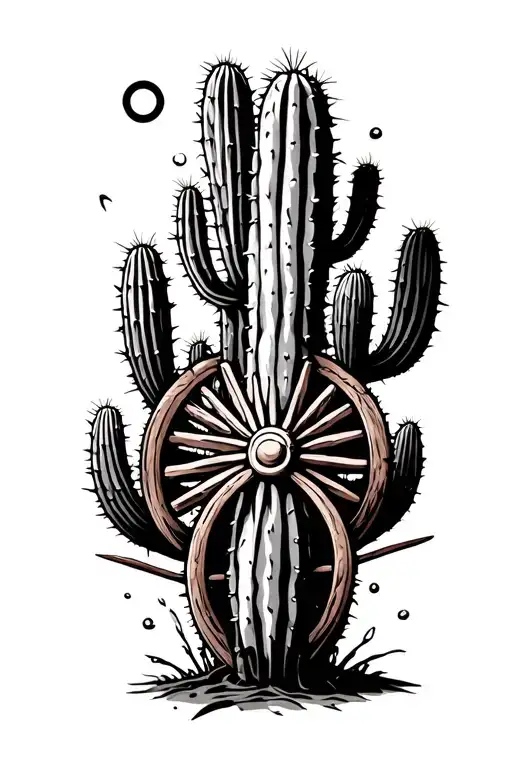 wagon wheel and cactus tattoo design idea