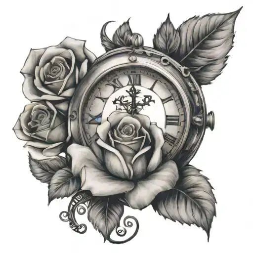 rose with the name Adalyn, a clock with the time 3:31 on a scale with the weight 7 Ibs 1oz tattoo design idea