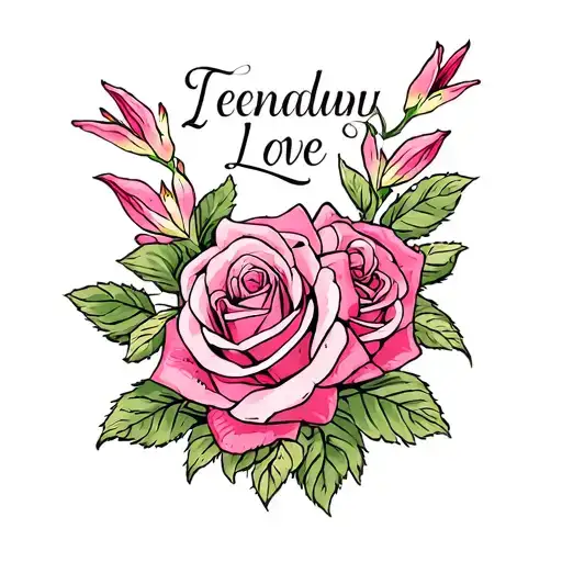 Love written with roses and pink lilles surrounding it tattoo design idea