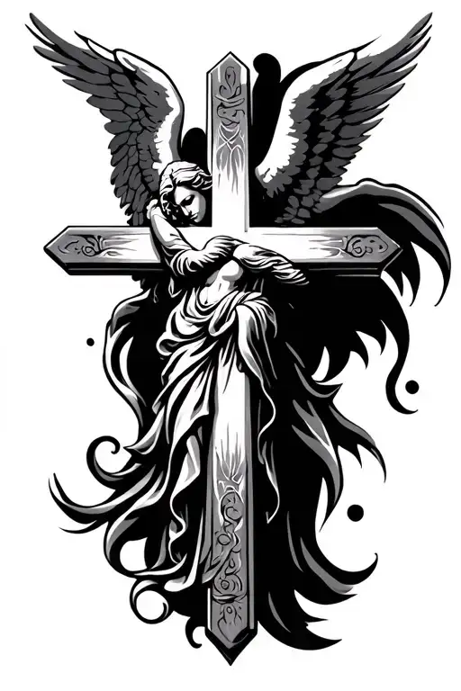 christian cross with angel wings tattoo design idea