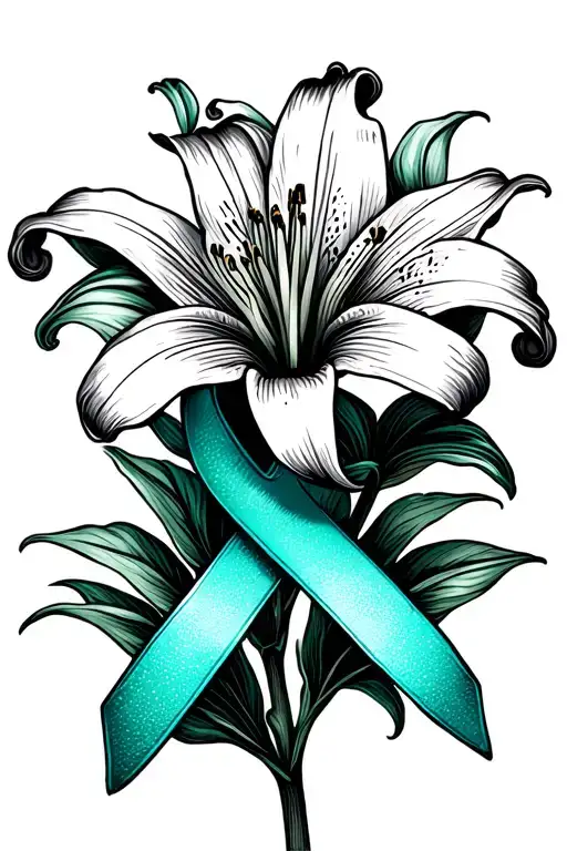 a black and white stargazer lily with a teal cancer ribbon that represents freedom on a white background tattoo design idea