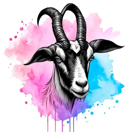 goat with horns in black , watercolor back ground pink and blue tattoo design idea