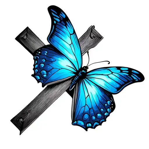 blue butterfly on side of cross tattoo very simple tattoo design idea