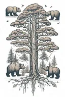 big pine tree with 5 small bears. two of the bears should be slightly larger than the other 3. two tiny butterflies tattoo design idea