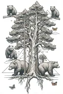 big pine tree with 5 small bears. two of the bears should be slightly larger than the other 3. two tiny butterflies tattoo design idea