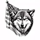 black and white angry wolf and American flag waving tattoo design idea