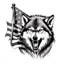 black and white angry wolf and American flag waving tattoo design idea