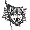 black and white angry wolf and American flag waving tattoo design idea