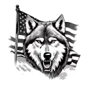 black and white angry wolf and American flag waving tattoo design idea