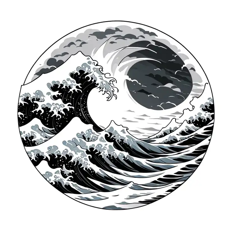 blackout circle with japanese wave outside tattoo design idea