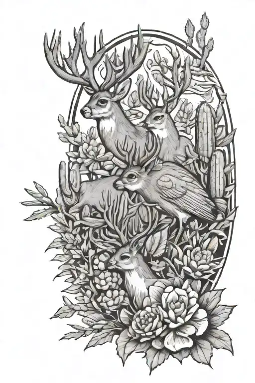 buck and doe surrounded by cactus paddles with male and female cardinals tattoo design idea