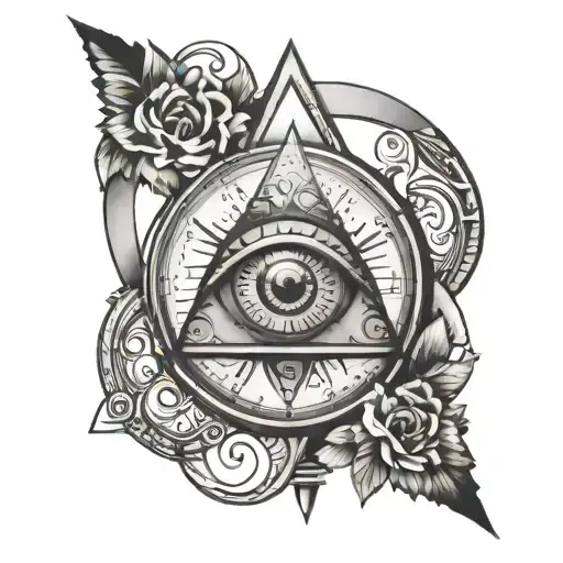 all seeing eye with clock surrounded tattoo design idea
