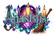 The name Anastasia but I want it to look witchy with crystals and a crystal ball, candles, broom ect tattoo design idea