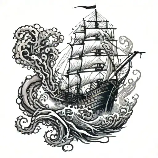 Ship being attacked by giant tentacles coming out of water that goes deeper into the water and turns into something that tattoo design idea