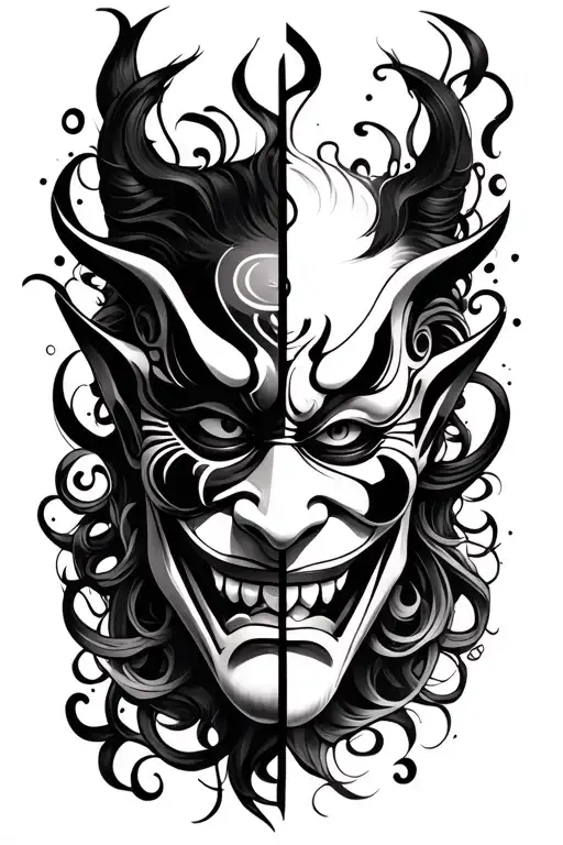 happy left side face sad right side face hannya mask split in half sleeve tattoo tattoo design idea