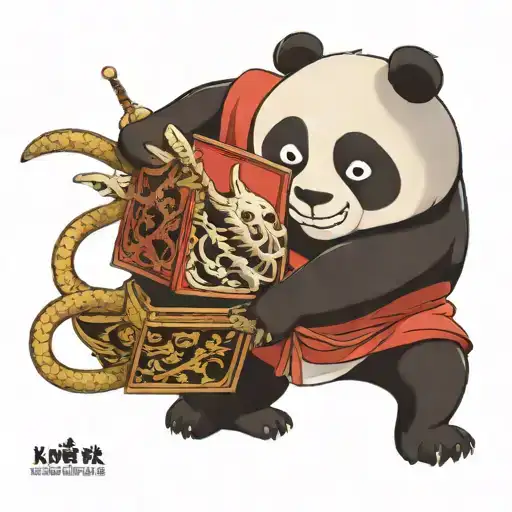 kungfu panda in the middle posing dragon master, a Japanese style box around panda and dragon behind him  tattoo design idea
