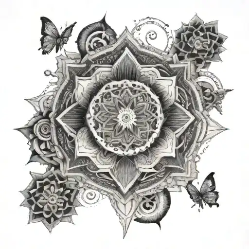 An intricate mandala incorporating symbols of Val's favorite things, with a mix of geometric and organic elements tattoo design idea
