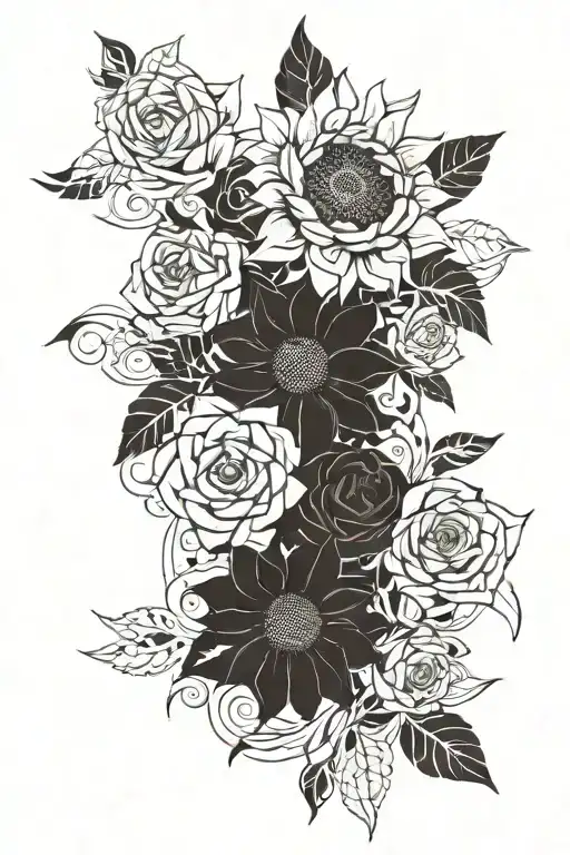 sunflower and roses intertwined tattoo design idea
