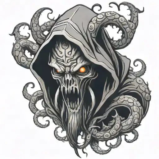 Hooded demon with tentacles protruding from around his dark shape tattoo design idea