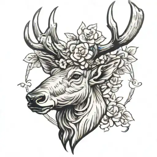 elk with flower antlers intertwined tattoo design idea
