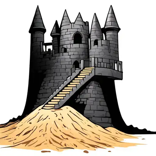 cartoon sand castle being built on a pile of sand  with stairs leading to it tattoo design idea