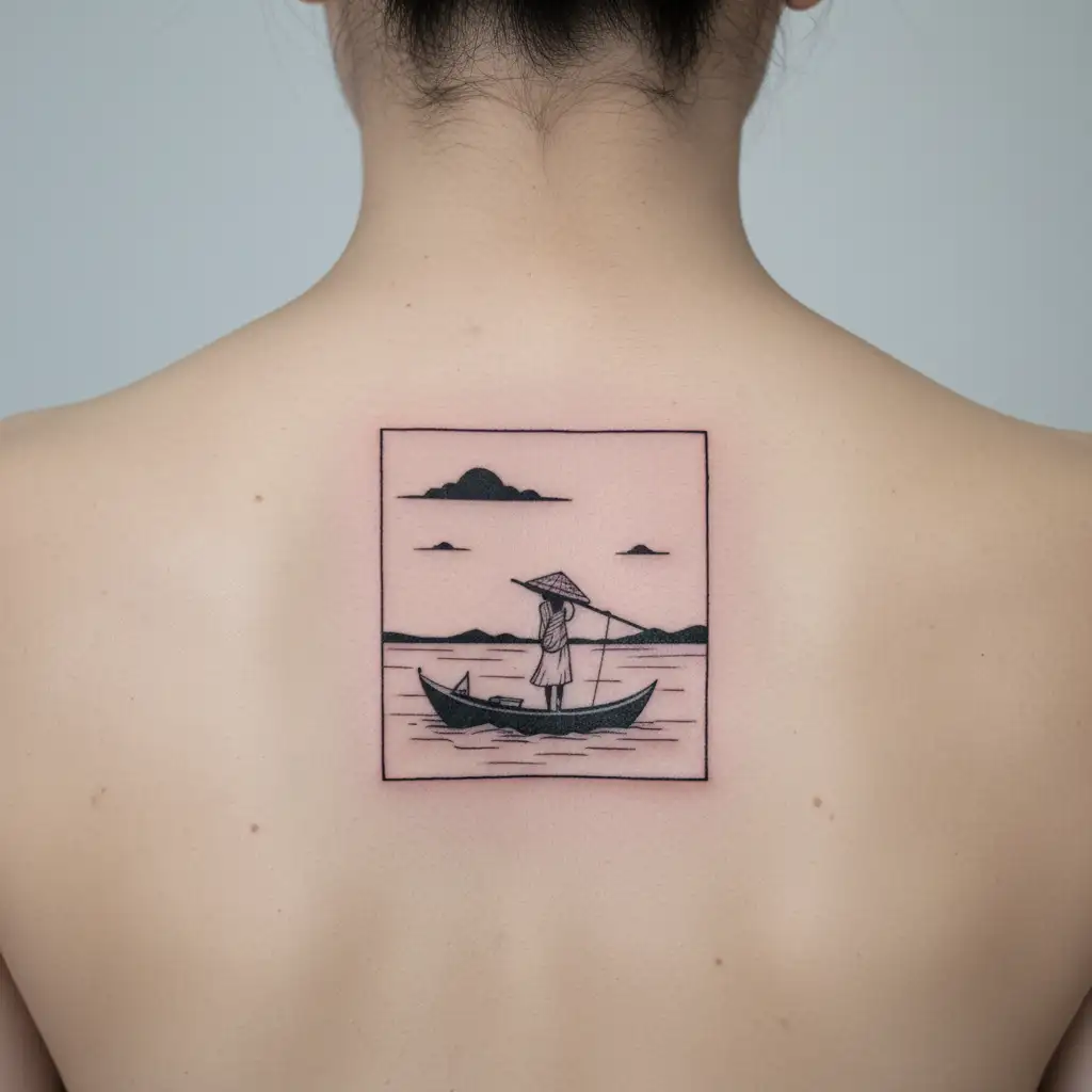 sillouette of a vietnamese boat in the distance with a vietnamese girl wearing a traditional hat on it. tattoo design idea