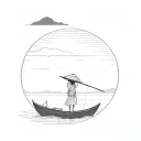 sillouette of a vietnamese boat in the distance with a vietnamese girl wearing a traditional hat on it. tattoo design idea