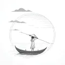 sillouette of a vietnamese boat in the distance with a vietnamese girl wearing a traditional hat on it. tattoo design idea