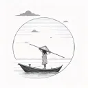 sillouette of a vietnamese boat in the distance with a vietnamese girl wearing a traditional hat on it. tattoo design idea