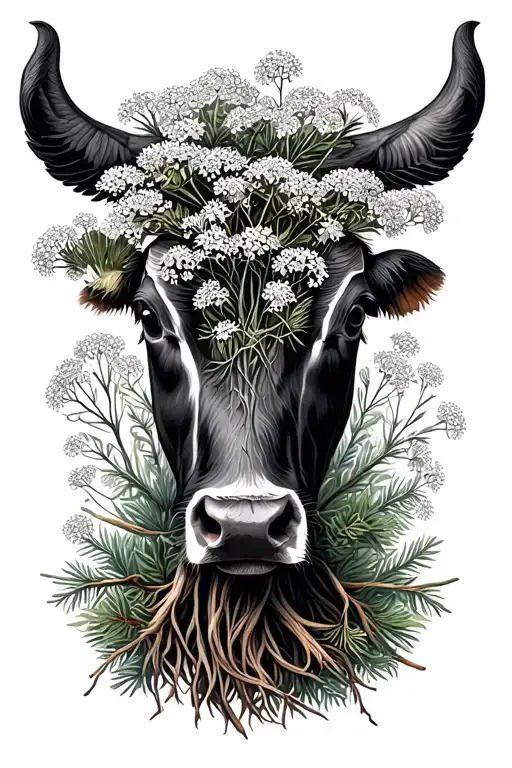 cow parsley head like a root with acacia and pine tree interwoven  tattoo design idea