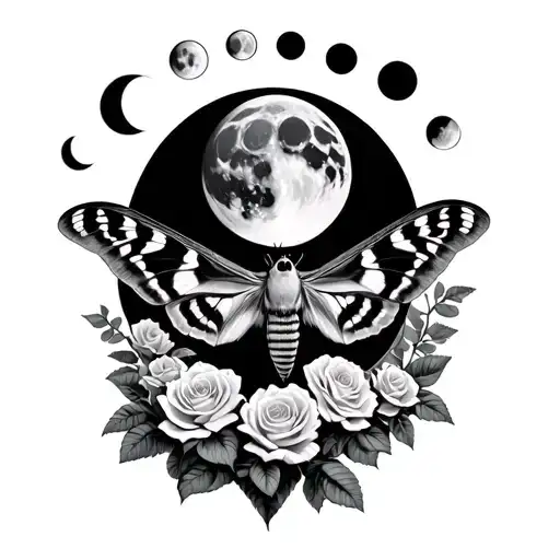 Death moth emerging out of a bed of roses. moon phases overhead tattoo design idea