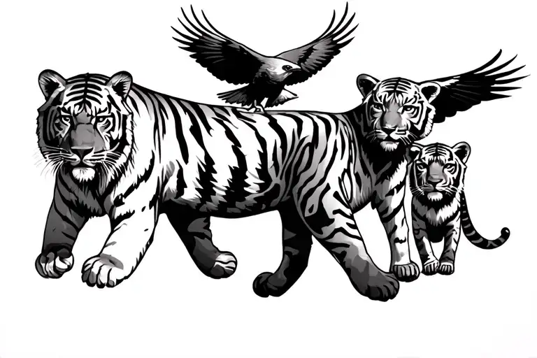 a tiger walking next to two tiger cubs and a falcon flying above them tattoo design idea
