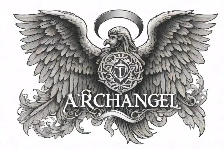archangel wings with halo and "GAUTAM" written tattoo design idea