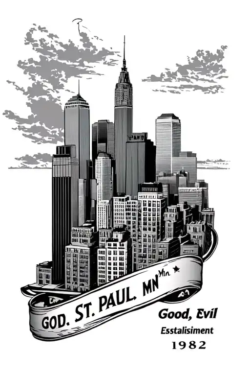 A tattoo design featuring the city skyline of St. Paul, MN with the establishment year of 1982. Good and evil. tattoo design idea