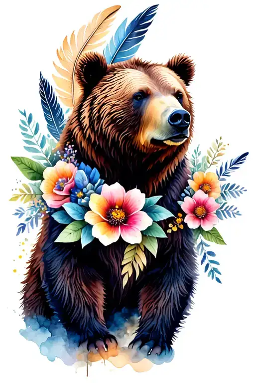 grizzly bear with feathers and flowers intertwined tattoo design idea