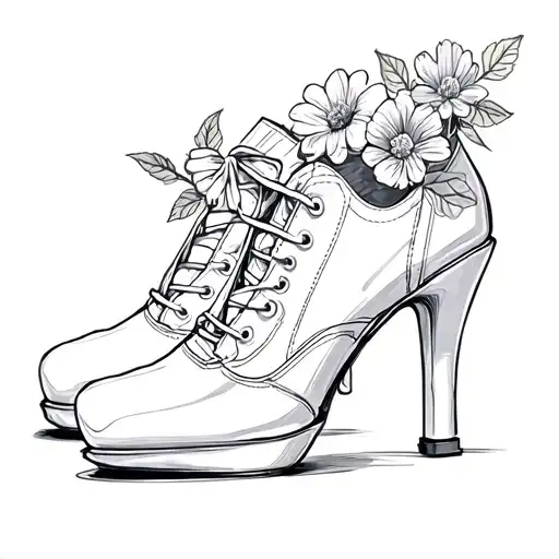 a pair of tap shows, one upright with flowers growing out of it, and the other on its side, showing the bottom of shoe tattoo design idea