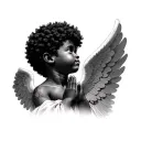 realistic African American angel boy with Afro praying with head looking slightly up for a neck tattoo tattoo design idea
