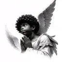 realistic African American angel boy with Afro praying with head looking slightly up for a neck tattoo tattoo design idea