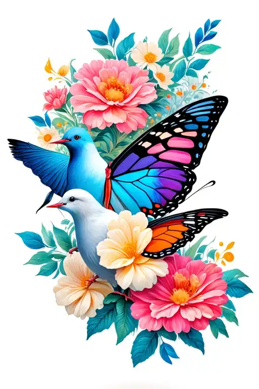 butterfly with flowers and dove tattoo design idea