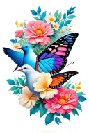 butterfly with flowers and dove tattoo design idea