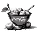 A black-grey tattoo of a mixing bowl filled with iconic Atlanta symbols like peaches and the Coca-Cola logo tattoo design idea