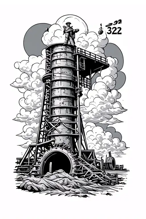 a steel mine shaft, a mine worker, clouds and number 322 in the clouds tattoo design idea