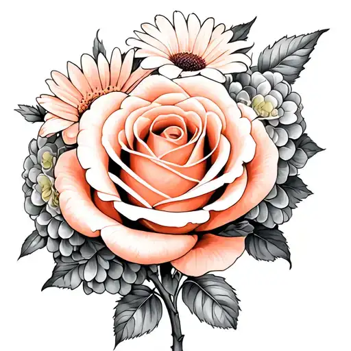 peach rose surrounded by 1 Daisy , a few lily and 1 green hydrangea tattoo design idea