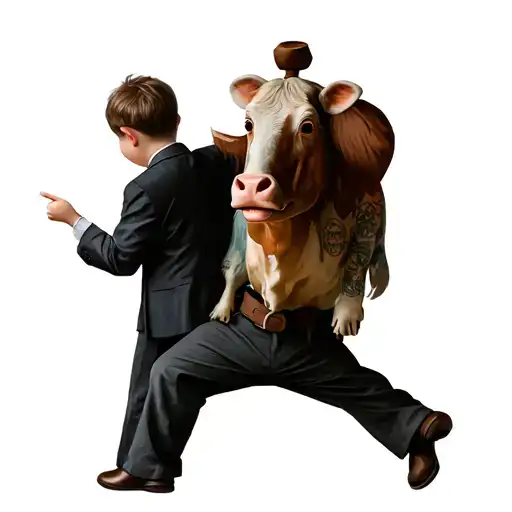 Child is in the foreground with a back and points to a funny farm fool, next to it is a businessman with a G tattoo design idea