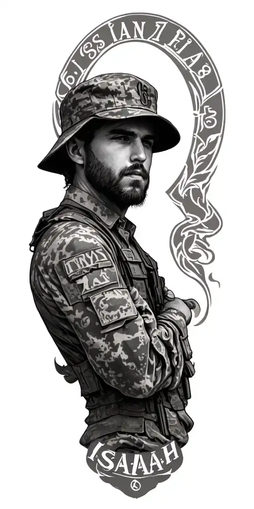 "Isaiah 6:8" I want a full sleeve tattoo that is styled in realism and detailed. I want it to represent my Christian faith. Military  tattoo design idea