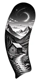 A mountain trail, with a log cabin ahead surrounded by mountains and a starry sky tattoo design idea