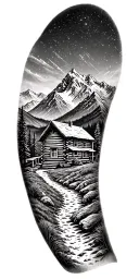 A mountain trail, with a log cabin ahead surrounded by mountains and a starry sky tattoo design idea