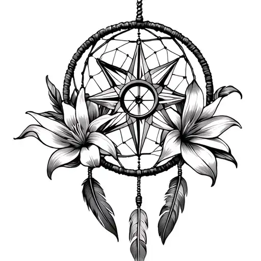  Dream Catcher with on other dream catcher Filled With Lilies, feathers and a vintage compass tattoo design idea