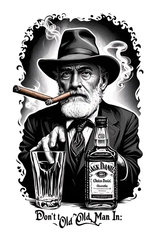 "Don't let the Old Man In." Old man smoking cigar and glass jack daniels bottle tattoo design idea